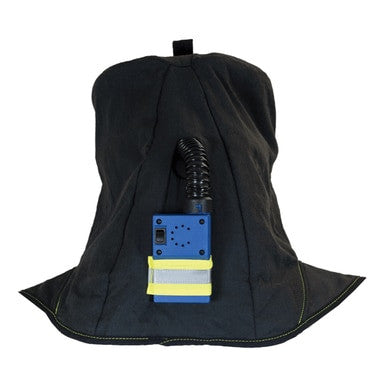 A black firefighter hood from the TCG Series Hoods, equipped with a blue communication device boasting a coiled cord and speaker grille, is complemented by reflective yellow accents. It's expertly designed to integrate seamlessly with the Oberon Fresh Air Arc Flash Hood Ventilation System (HVS-4B-PM) from PK Safety Supply, enhancing both safety and ventilation system efficiency.