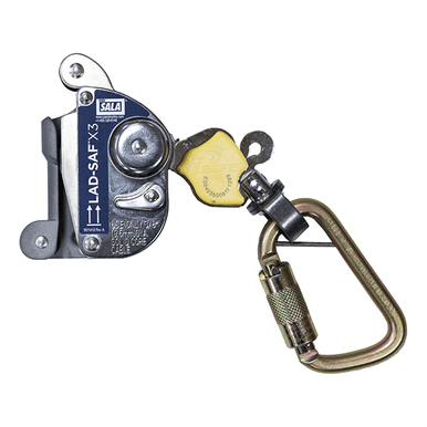 A close-up of a 3M Fall Protection metal safety device, the Lad-Saf X3 Detachable Cable Sleeve 6160054, featuring a detachable cable sleeve and brass-colored carabiner with locking mechanism. The yellow component is designed for vertical fall protection systems.