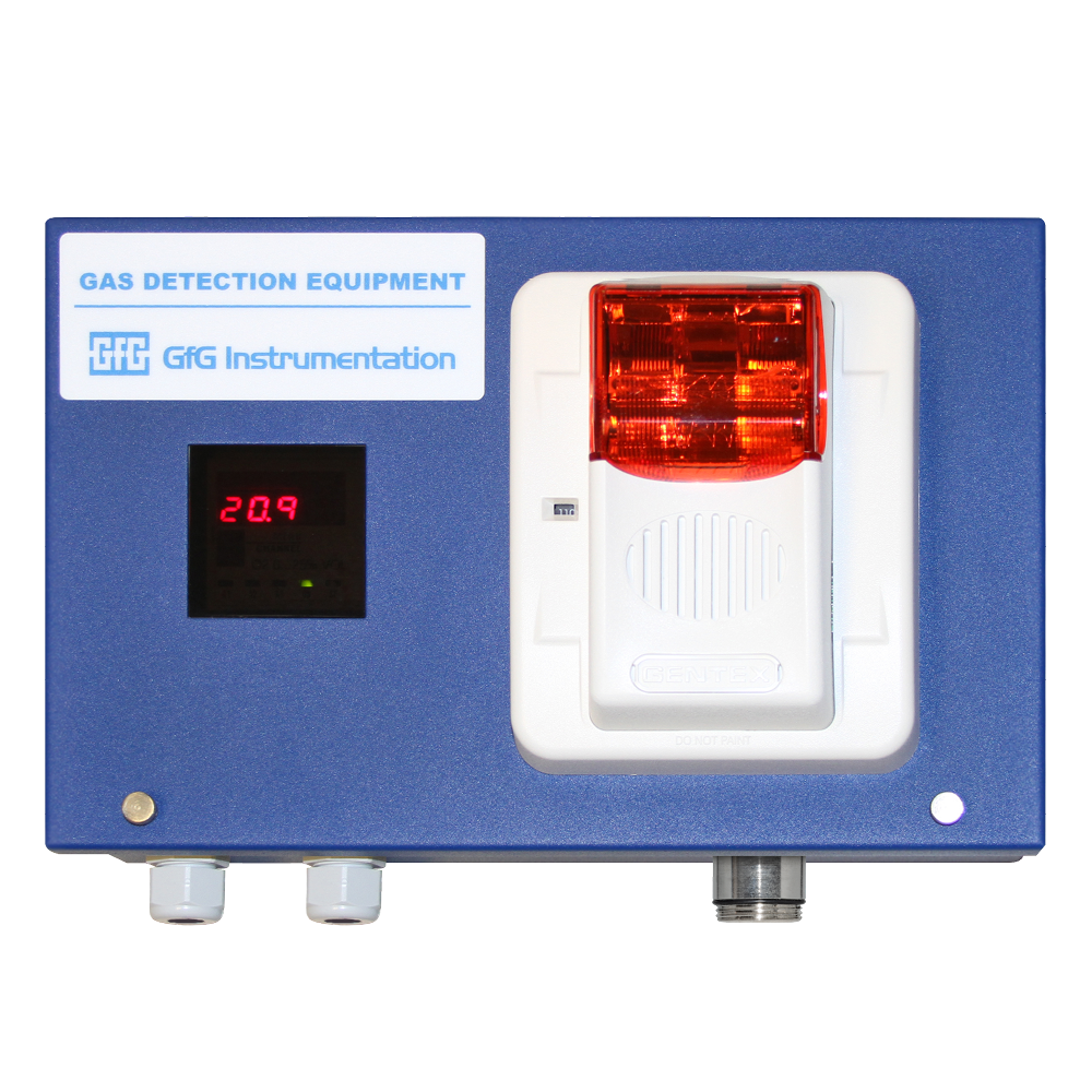 The GfG Dynagard 25 Series for O2 Monitoring System 2210-030, branded as GfG, is a blue fixed gas detector featuring a digital display that shows "20.9," with a central red light and a labeled section "GfG Instrumentation." Designed for precision, it includes multiple connectors and seamlessly integrates zirconia sensor technology to ensure reliable performance.