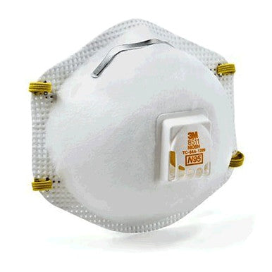 The 3M 8511 N95 General Use Respirator w/ Exhalation Valve (Box of 10) by 3M is shown against a white background, featuring yellow straps, a metal nose clip, and a central valve for dependable respiratory protection.