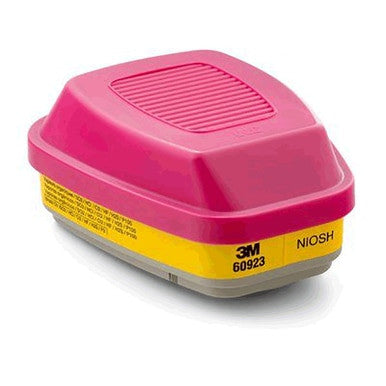 The 3M 60923 P100 Organic Vapor/Acid Gas Filter (Pair) offers HEPA-level protection for respiratory safety, combining pink and yellow design accents. Shown against a white background.