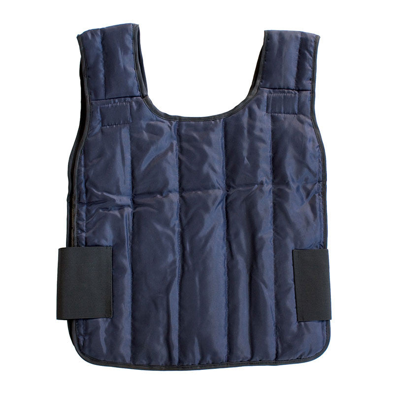 Introducing the PIP EZ-Cool Phase Change Cooling Vest System 390-PCVKT1, a navy blue padded vest designed for optimal protection. It features adjustable black side straps and a quilted pattern, utilizing phase change cooling technology to ensure a snug fit and efficient thermal energy management.