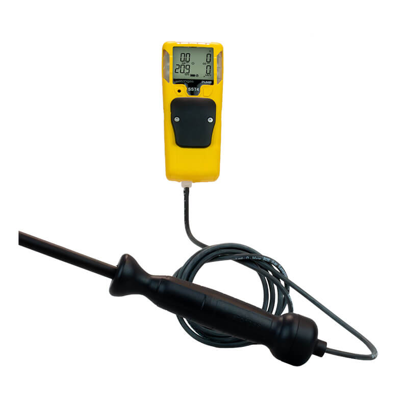 A WatchGas Fixed Carbon Fiber Probe with Teflon Insert is connected by a coiled cable to a yellow handheld WatchGas gas detector featuring a digital display, both positioned against a white background—demonstrating reliable WatchGas equipment designed for precise industrial gas sampling.