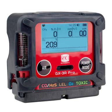 The RKI GX-3R Pro Gas Confined Space Monitor by RKI features a digital display that shows readings for multiple gas levels. It comes with a durable black casing and red-gray front, labeled "RKI Instruments GX-3R Pro," and monitors gases such as "CO/H2S," "LEL," "O2," and other toxic gases. Additionally, it offers Bluetooth communication for seamless data transfer.