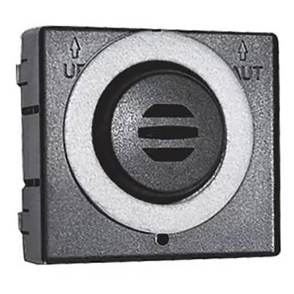 A black rectangular push button switch with a white circular ring and a horizontal line symbol, labeled "UP" and "AUT" with arrows, designed for use with the Vulcain Honeywell Analytics E3Point Sensor Cartridge.