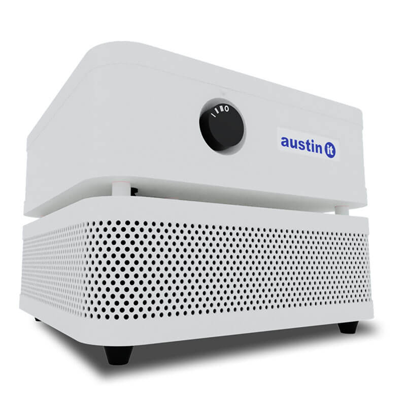 The Austin Air Systems "it" Machine C100 is a compact white air purifier with a black front control knob, perforated lower section for particle removal, and four short legs for stability.