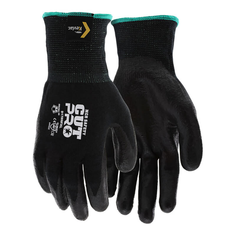 A pair of MCR Safety Memphis Black Kevlar Cut Protection Gloves 9178NF, featuring white text and symbols on the back, is displayed on a white background.