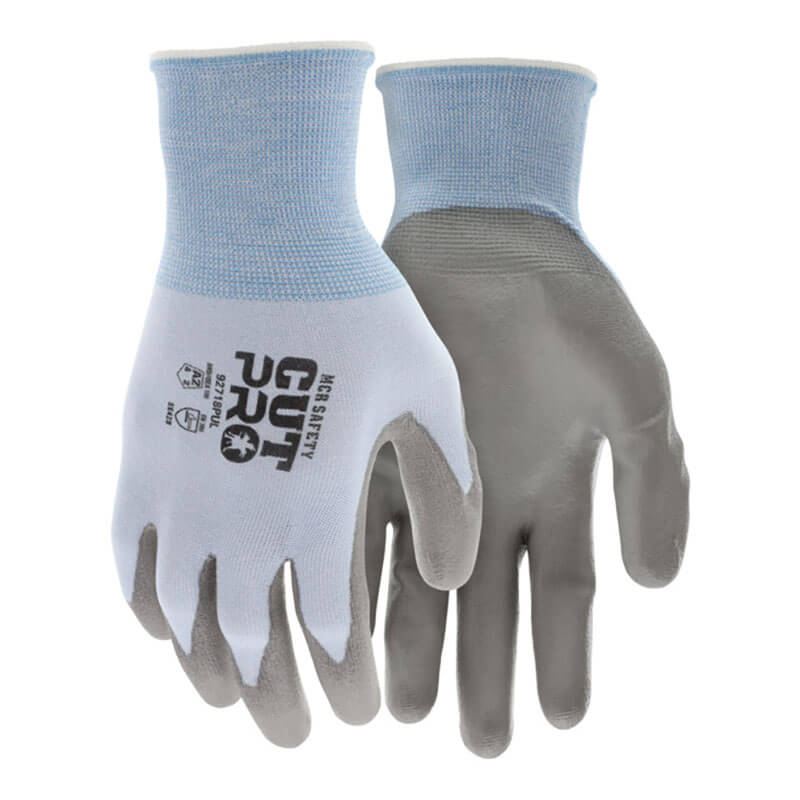 A pair of MCR Safety CutPro 18 Ga HyperMax PU Gloves 92718PU, light gray and blue with gray polyurethane-coated palms and fingers. One cut-resistant glove's back shows "CUT PRO" and safety info in black text.