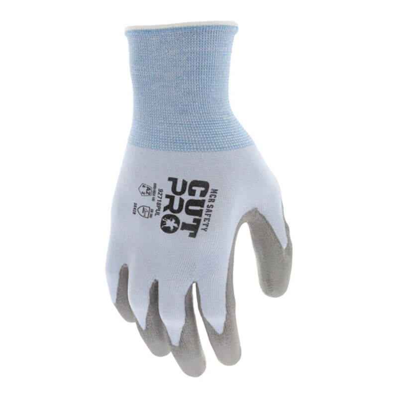 The MCR Safety CutPro 18 Ga HyperMax PU Gloves 92718PU feature a light blue and gray HPPE shell, "HIGH SAFETY GUT PRO" and safety icons on the back, and a durable polyurethane coating; shown palm down. Comes in 12 pairs.