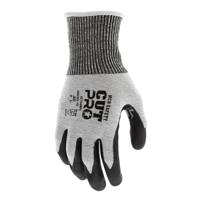 The MCR Safety Cut Pro 13 Ga HyperMax Bi-Polymer Gloves 92754BP offer superior hand protection with a gray and black design, textured black palm and fingers, and “CUT PRO” plus “MCPSAFETY” labeling on the back. Comes in 12 pairs.