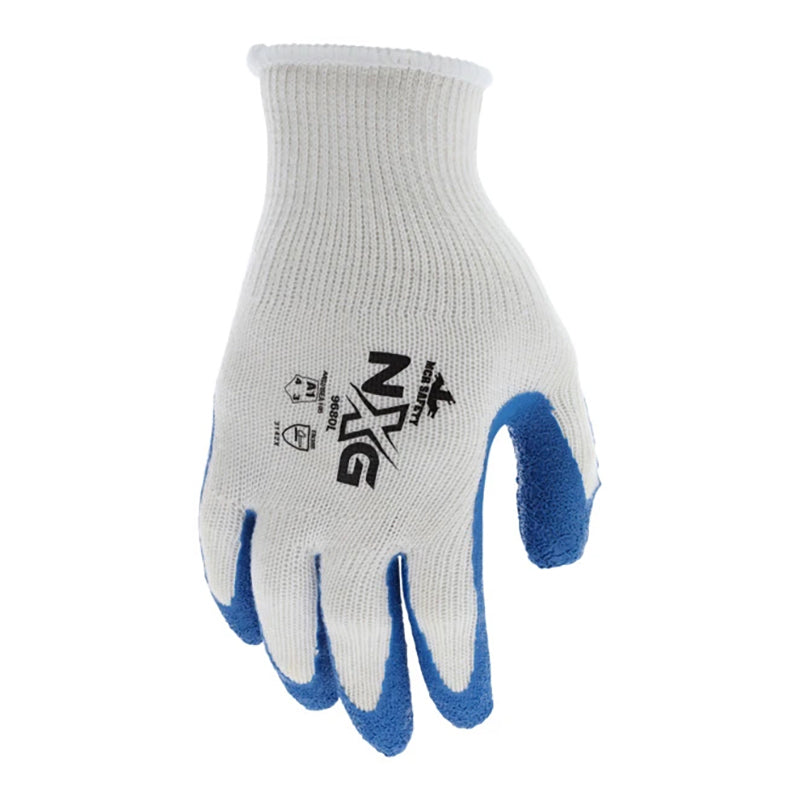 The MCR Memphis Flex Tuff Glove 9680 by MCR Safety is a white string-knit glove with blue rubber palm and finger coating—perfect for reliable hand protection. Sold in packs of 12 pairs.