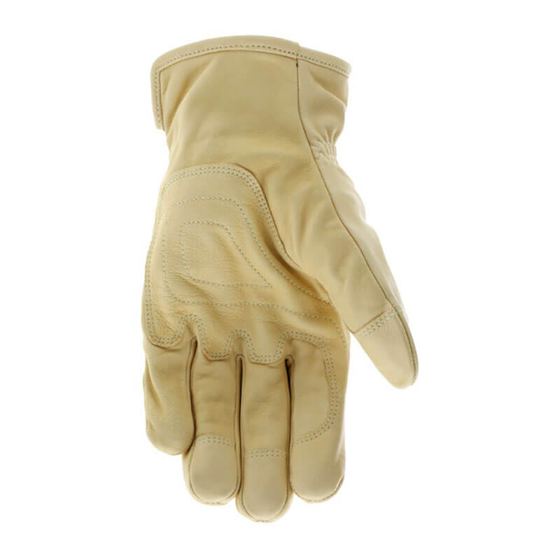 The MCR Safety Mustang HiDex Kevlar Lined Leather Driver MU3664K glove, shown from the front, features tan leather, visible palm and finger stitching, and slightly curled fingers.