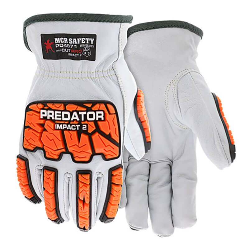 A pair of white and orange gloves labeled as "MCR Predator Goatskin Mechanics Gloves" by MCR Safety, these safety gloves feature goatskin leather with reinforced padding and textured knuckles for enhanced impact resistance. They offer excellent tactile sensitivity and have visible branding on the front.