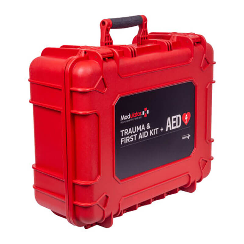 The Aero Healthcare Modulator Flex Trauma Kit w/o AED - XL Case is a durable red hard-shell kit with a handle, designed for emergency response and meets ANSI Class B standards by Aero Healthcare.