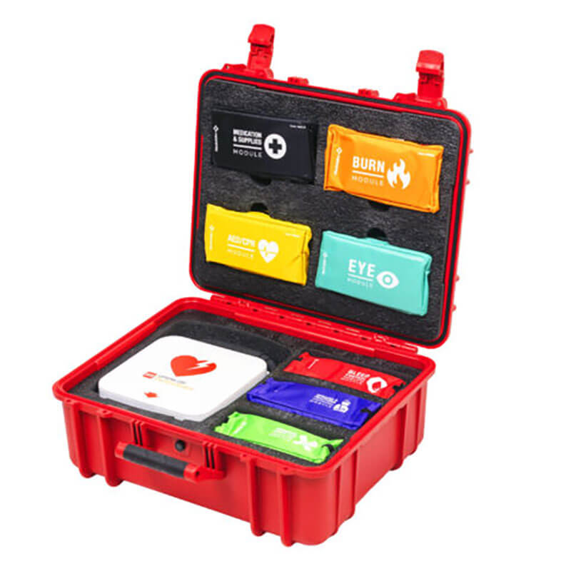 The Aero Healthcare Modulator Flex Trauma Kit w/o AED - XL Case features an open red hard-shell design with color-coded labeled pouches and boxes for burns, eye injuries, and heart care—ideal as an ANSI Class B trauma kit for emergencies.