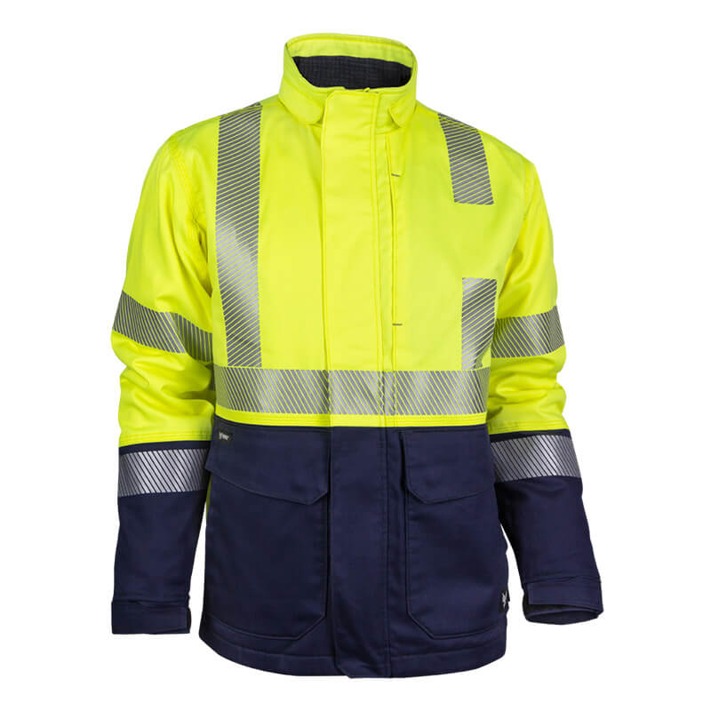 The NSA DRIFIRE FR Hi-Vis Insulated Jacket (JKT-01C3-HV) features a yellow upper section with a navy blue lower body and sleeves, accented by 3M Scotchlite silver reflective stripes across the chest, arms, and shoulders. Designed with a high collar and front pockets for convenience, this ANSI/ISEA 107 compliant jacket delivers reliable protection in challenging work environments.