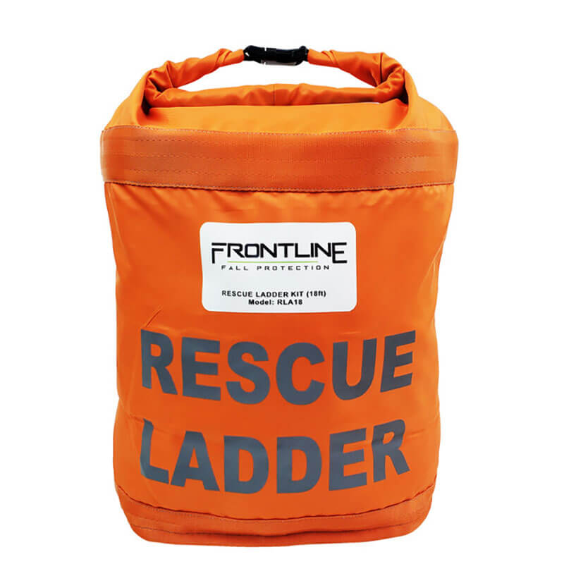 The Frontline Fall Protection Rescue 18' Ladder Kit RLA18 comes in a bright orange, OSHA-compliant bag with a roll-top closure labeled "FRONTLINE FALL PROTECTION" and "RESCUE LADDER" for emergency use.