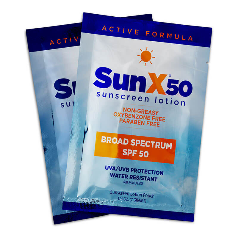 Two single-use pouches of Coretex Sun X SPF 50 Sunscreen Lotion from Coretex, featuring blue and orange text, highlighting "Broad Spectrum SPF 50," "UVA/UVB Protection," water resistance, and a formula free of oxybenzone and parabens.
