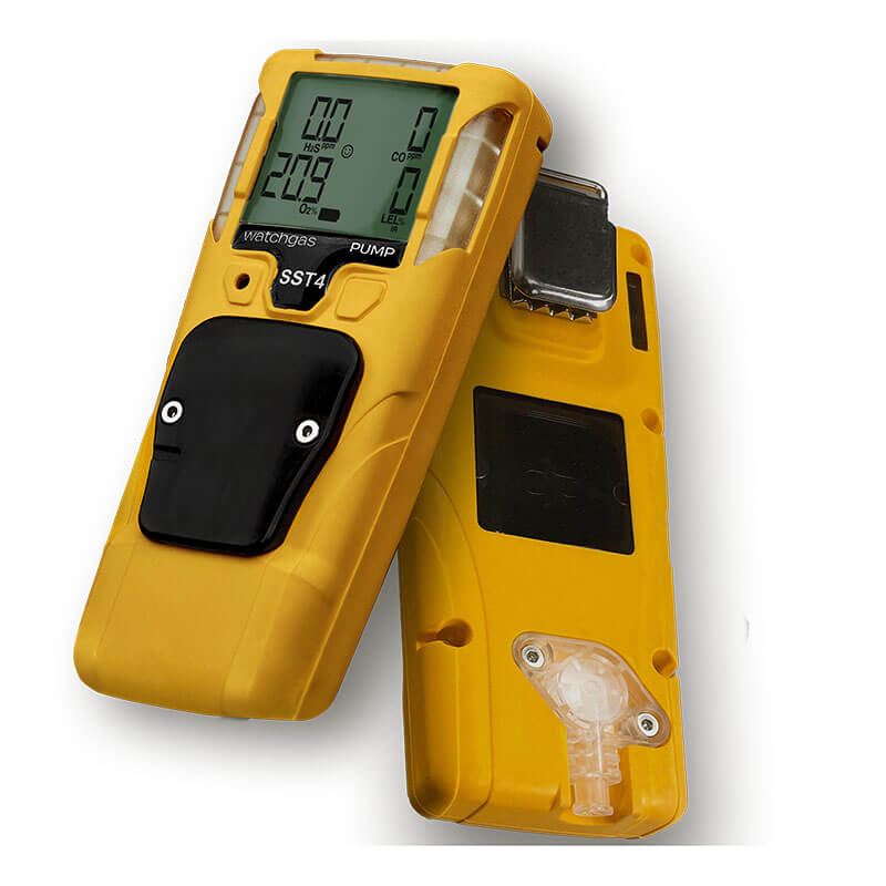 Two yellow WatchGas SST4-PUMP 4-Gas Detectors: one displays the digital screen with readings and buttons, the other shows the back with a clip and sensor port—ideal for multi-gas detection.