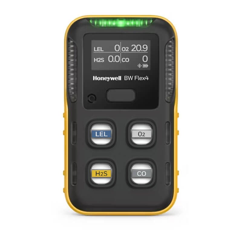 The BW Technologies by Honeywell BW Flex 4 %LEL, O2, H2S, CO is a handheld 4-gas detector with a digital display and four labeled buttons in black and yellow housing, ensuring reliable safety monitoring.