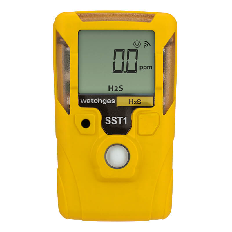 A yellow WatchGas SST1E Serviceable H2S Gas Detector (MINI) SST1E-H, a handheld device by WatchGas, displays "0.0 ppm" on its screen; buttons and labels are visible on the front, providing continuous monitoring and featuring replaceable sensors for reliable performance.