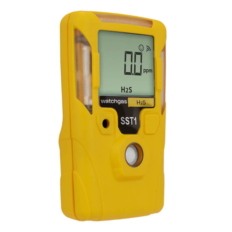 Introducing the WatchGas SST1E Serviceable H2S Gas Detector (MINI) SST1E-H—a yellow handheld device by WatchGas, featuring a digital display showing "0.0 ppm" H2S. Designed for continuous monitoring, this model helps ensure safety in various environments.