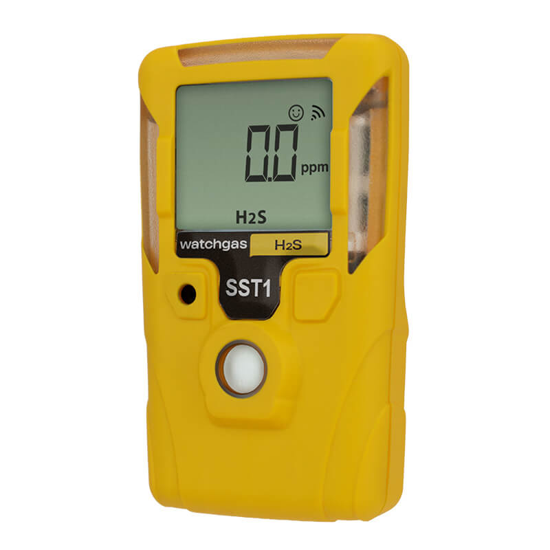 A yellow handheld WatchGas SST1E Serviceable H2S Gas Detector (MINI) SST1E-H features a digital screen showing “0.0 ppm” and “H2S.” Designed for continuous monitoring in hazardous environments, this device includes an easy-to-use button, supports replaceable sensors for reliable safety, and is branded with the WatchGas name.