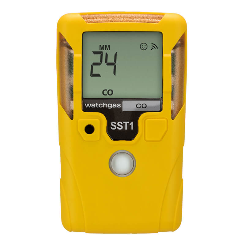 A handheld yellow WatchGas SST1 2 Year CO Gas Detector (model SST1-M-24) features a display indicating “24 MM” and “CO” for carbon monoxide. This reliable WatchGas monitor offers convenient, portable safety monitoring.