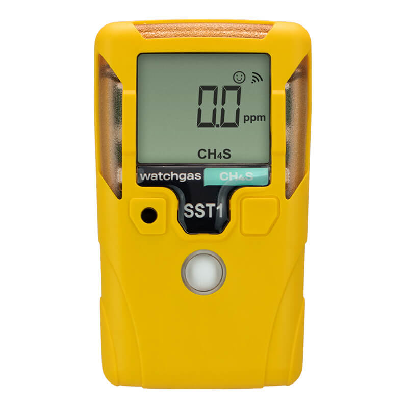 The WatchGas SST1 Serviceable CH4S Gas Detector SST1-MM is a yellow handheld device by WatchGas, featuring a digital screen that displays “0.0 ppm” for CH4S (methyl mercaptan) gas. It includes labeled buttons and a small sensor below the display, making it ideal for precise methyl mercaptan measurement in gas odorization applications.
