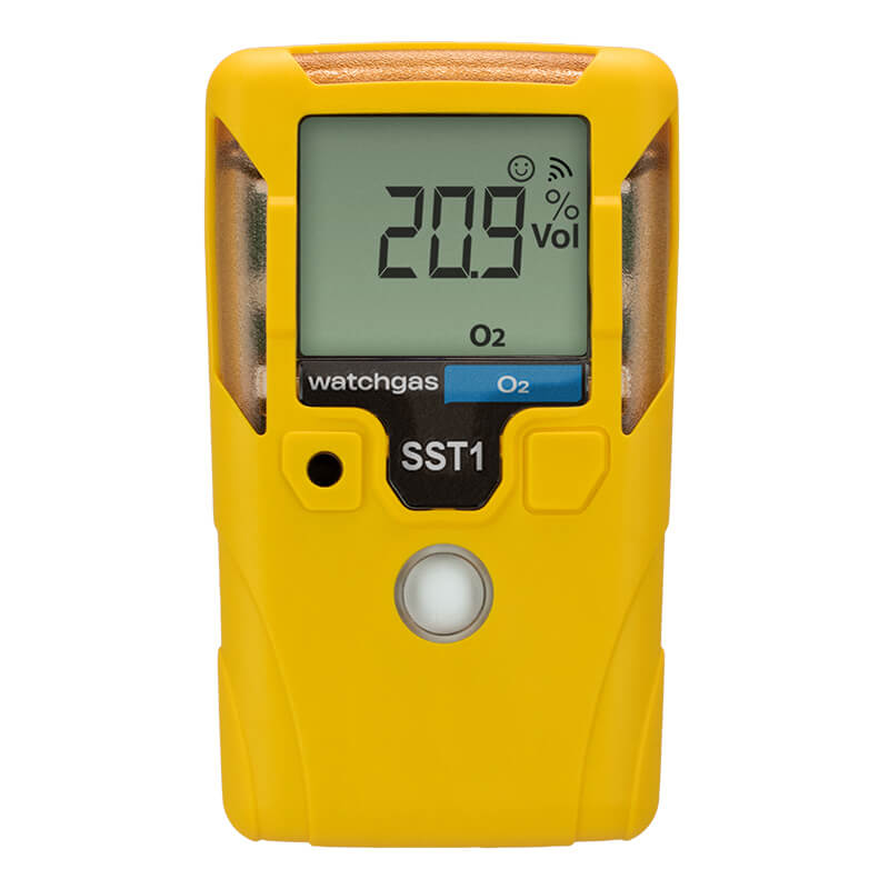 A yellow handheld WatchGas SST1 Serviceable O2 Gas Detector (model SST1-O), commonly used as an oxygen deficiency monitor or for confined space gas detection, features a digital display showing “20.9 Vol” and “O2.” The device is labeled with the WatchGas brand, and includes a button and sensor below the screen.