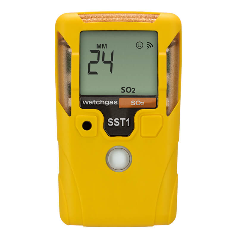 A yellow handheld WatchGas SST1-S-24 SO2 gas detector features a display showing “24 MM” and “SO2.” Branded as WatchGas, the device includes a round button and indicator lights below the screen, making it an ideal sulfur dioxide (SO₂) monitor for ensuring compliance with OSHA exposure limits.