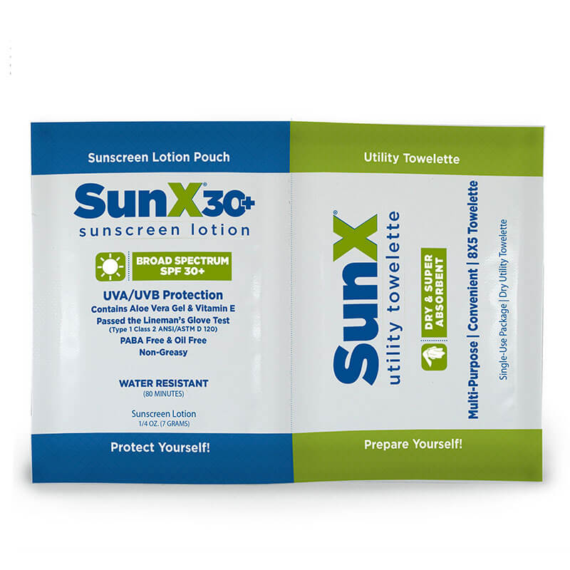 A Coretex SunX SPF30 Sunscreen Foil Pack sits beside a utility towelette pouch, both displaying blue and green text on white and promoting UVA/UVB protection for effective sun care.