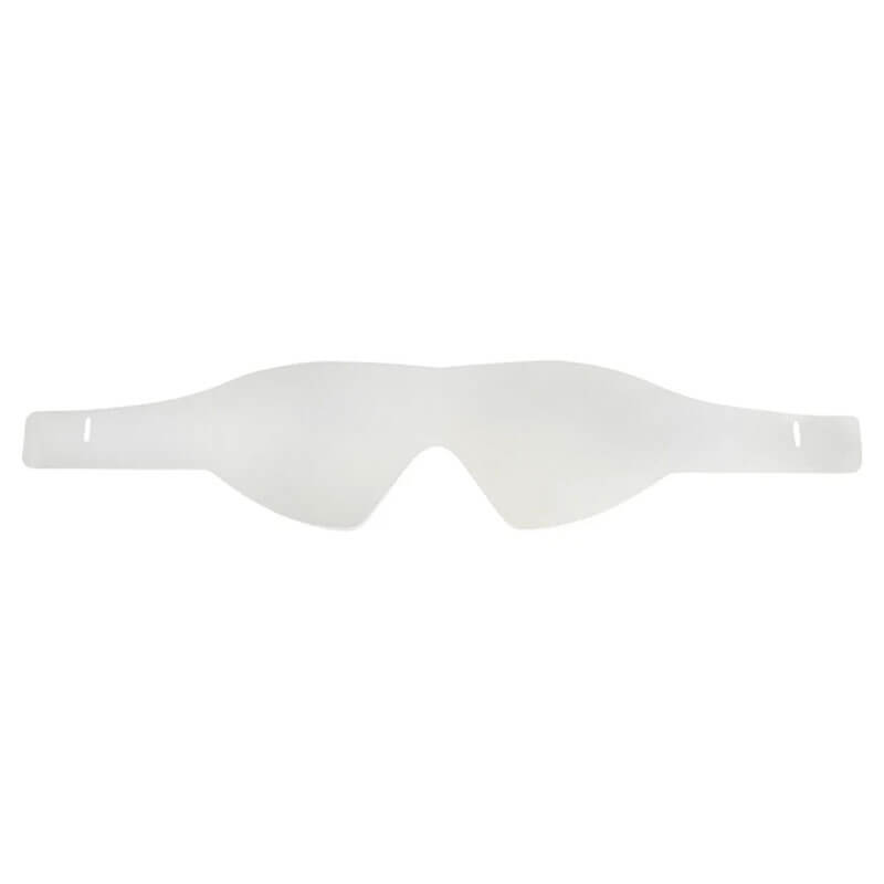 The Pyramex Safety Capstone Goggles Tear-Off Protective Visor Films (6/pack) are translucent, flexible shields with end slots for secure placement, ideal for pairing with Capstone goggles to protect lenses against debris and scratches.