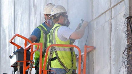 Construction workers wearing respirators to avoid hazards of silica dust.