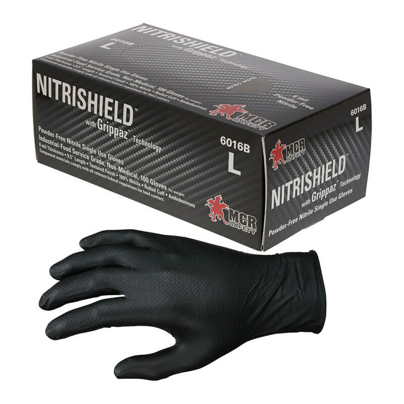 Black glove with box that says Nitrishield on white background