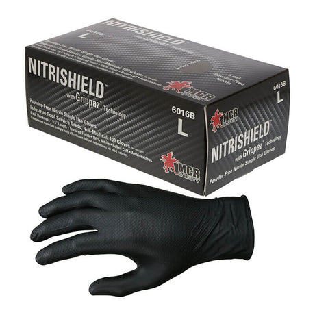 Black glove with box that says Nitrishield on white background