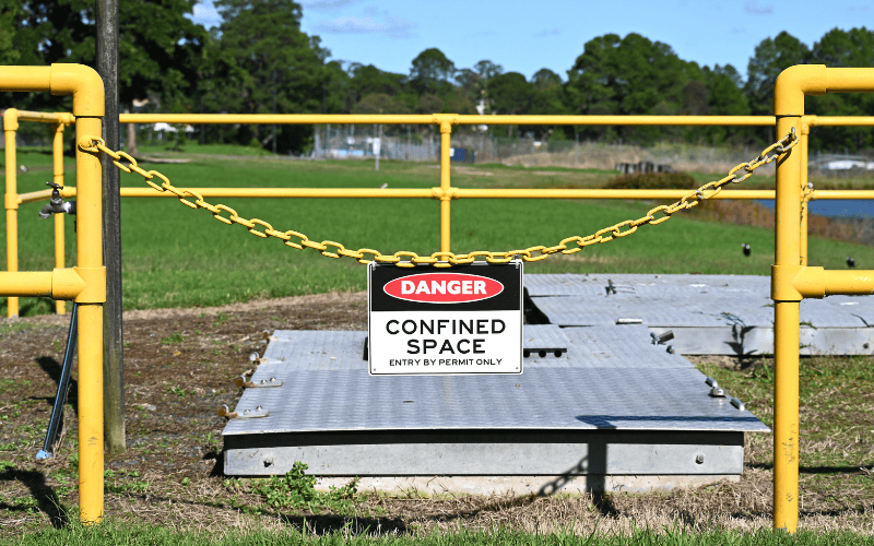 Confined space entrance with warning sign behind a yellow gate.