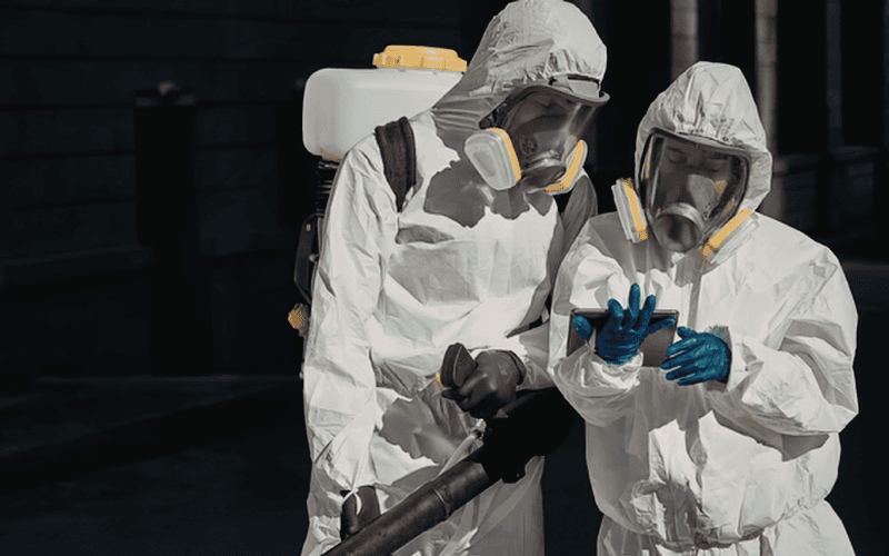 Two people in hazmat suits and gas masks working together.