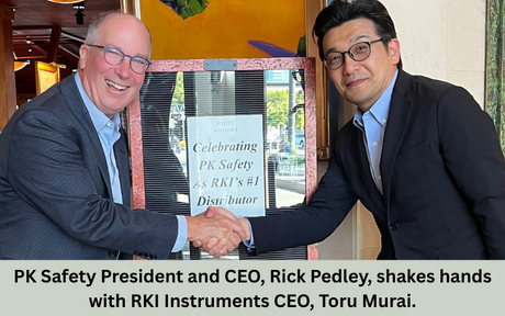 PK Safety President and CEO, Rick Pedley, shakes hands with RKI Instruments CEO, Toru Murai.