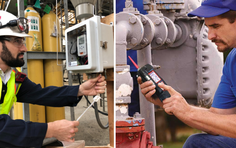 Workers using RKI gas detection devices at oil and gas facilities