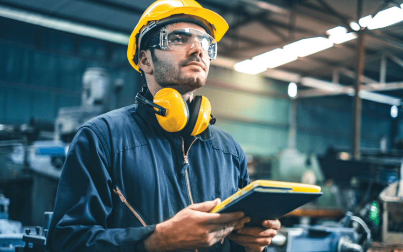 Person in a factory setting wearing safety gear and holding a tablet.