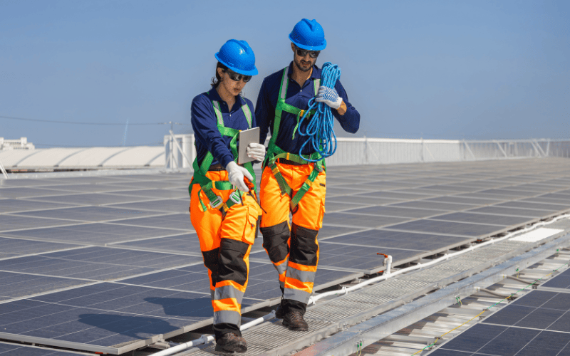  Maintenance engineers in safety harnesses inspecting solar panel. 