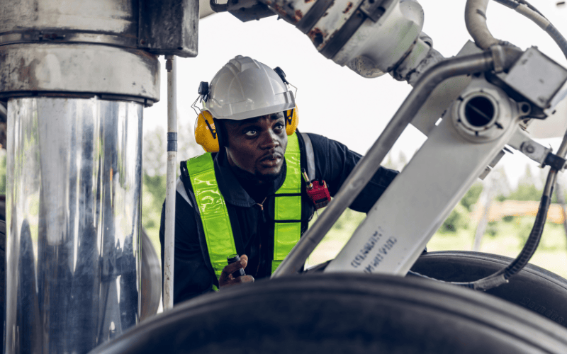 A worker in a white hard hat and safety vest inspects machinery. He wears yellow earmuffs, appearing focused and attentive in an industrial setting.
