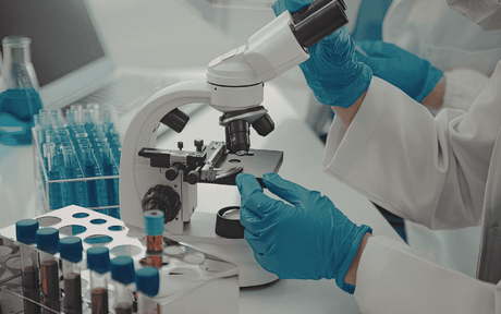 Two people in a lab wearing blue gloves and white lab coats using microscopes to inspect samples of liquid in test tubes under a microscope.