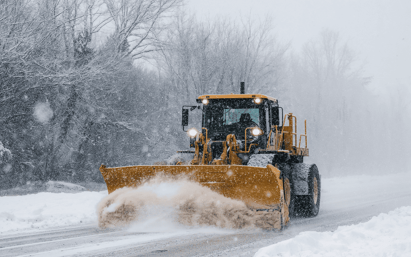 Snow plow vehicle removing snow off road in snowstorm