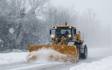 Snow plow vehicle removing snow off road in snowstorm