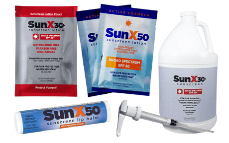 Collection of CoreTex sunscreen packets, pump bottle and lip balm on white background.