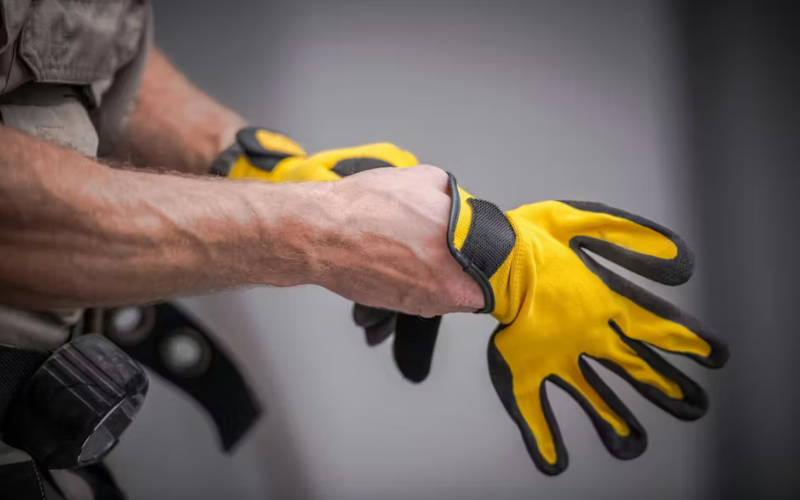 Worker putting on safety gloves.