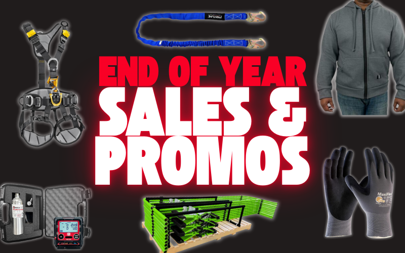 End of Year Sales and Promotions Banner showing PPE like workwear, harnesses, gas detection, gloves, and more that are part of sale.