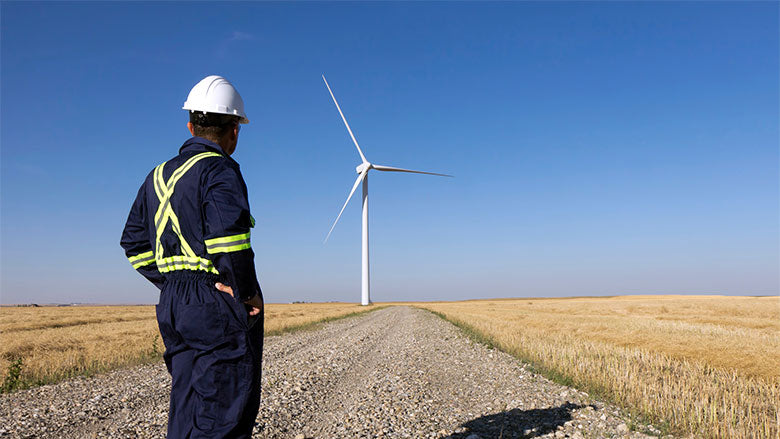 Long worker standing in field near a windmill.